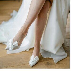White Bowknot Pointed Toe Slingback Sandals Kitten Low Heel Slip on Elegant Shoe